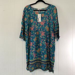 Maeseor Womens Large Dress Half Sleeve Teal Floral Flowy Beachy Short Crew Neck
